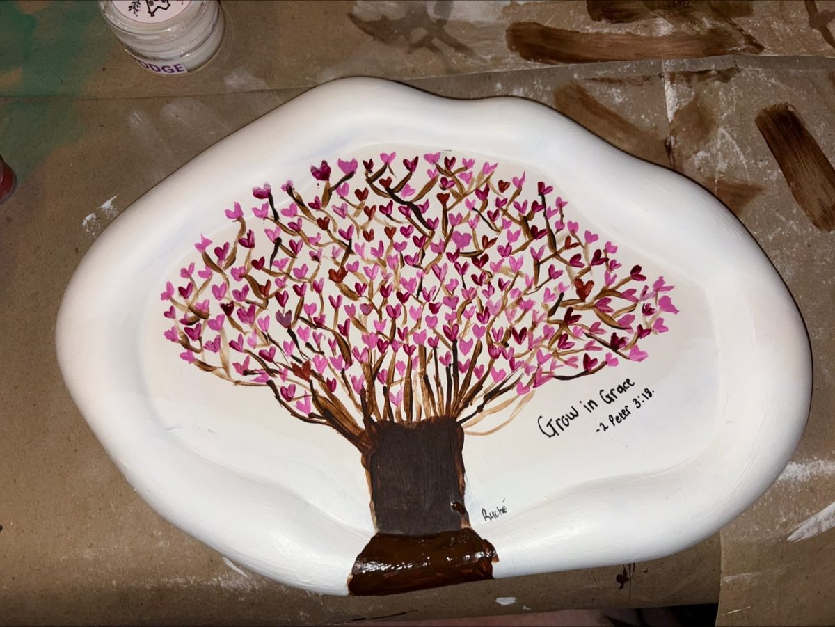 Painted large wave tray with a blossom tree